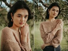 two photos of a young woman posing in front of a tree with her hands on her hips