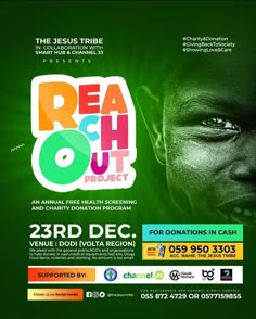 a poster for the reach out project with an image of a man's face