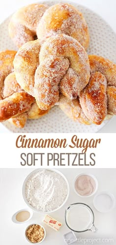 cinnamon sugar soft pretzels on a white plate with powdered sugar and other ingredients