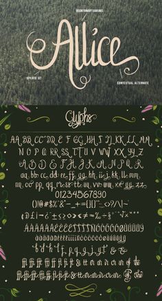 an old english typeface with the words alice written in cursive writing