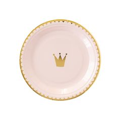 a pink and gold paper plate with a crown on the front, sitting on a white surface