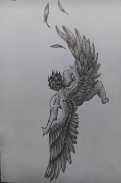 a pencil drawing of an angel with wings flying above it's head and body