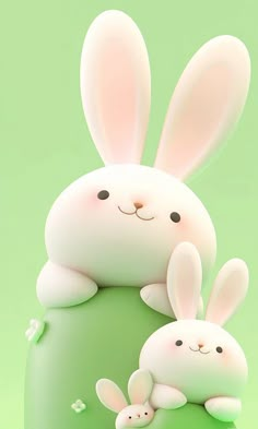 two white rabbits sitting next to each other on top of a green surface and one is holding its head