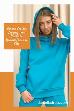 Cozy Fleece-Lined Hoodie, Custom Length Hooded Sweatshirt Kangaroo pocket, Fall Winter Warm Loungewear Hoody Cold Weather Pullover 16 Leather Leggings