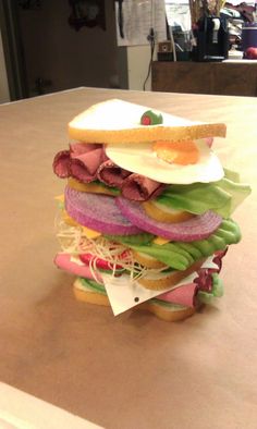 a stack of food sitting on top of a table