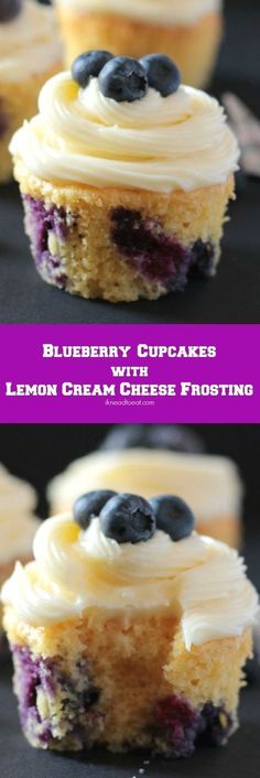 blueberry cupcakes with lemon cream cheese frosting are on a black surface