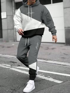 Men's Contrast Color Hooded Drawstring Sweatshirt And Sweatpants Set Multicolor Casual    Colorblock,Letter  Slight Stretch  Men Clothing, size features are:Bust: ,Length: ,Sleeve Length: Mens Sweatpants Outfit Casual, Outfits Joggers, Full Tracksuit, Hype Clothing, Sweatpants Outfit, Jogging Suit, Hooded Sweatshirt Men, Sweatshirt Set