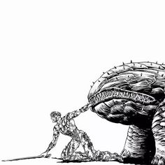 a black and white drawing of a giant mushroom being pulled by a man with a stick