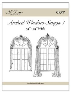 the front and back of an arch window with drapes on each side, in black ink