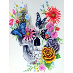 a painting of a skull with flowers and butterflies on it's head, in front of a white background