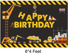 a construction themed birthday card with the words happy birthday written in bold yellow and black