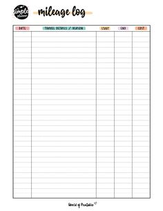 a printable mileage log with the words mileage log written in black and white