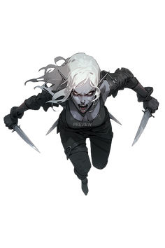 a person with white hair and black clothes holding two knifes in their hands while flying through the air