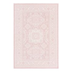 a pink and white rug with an intricate design on the bottom, in front of a white background