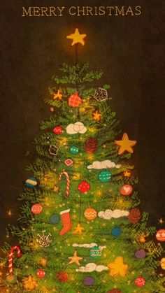 a christmas tree with ornaments on it and the words merry christmas written in large letters