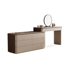 a desk with drawers and a mirror on top