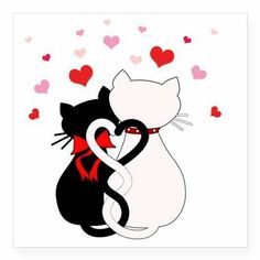 two cats hugging each other with hearts in the background and one cat has its tail wrapped around the other's neck