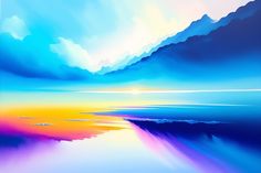 an abstract painting of blue, yellow and pink clouds over water with mountains in the background