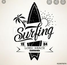 surfing emblem with surfboard and palm trees