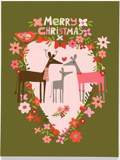 a christmas card with two deers and flowers in the shape of a heart on a green background