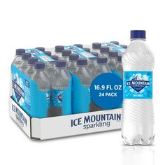 ice mountain sparkling water is displayed in front of a box