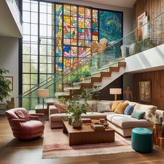 a living room filled with furniture and a large stained glass window above the stair case