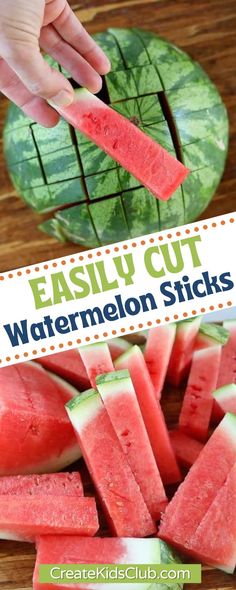 watermelon sticks are cut in half and placed on top of each other with text overlay that reads easy cut watermelon sticks