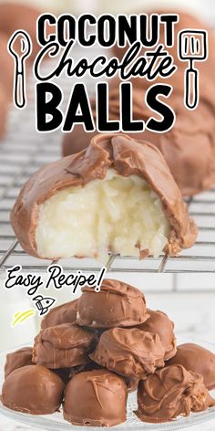 chocolate balls on a cooling rack with text overlay that reads coconut chocolate balls easy recipe