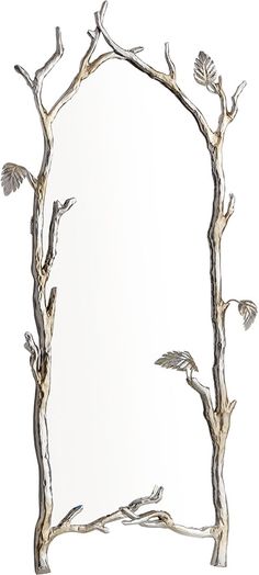 a mirror with branches and birds on the bottom, in front of a white background