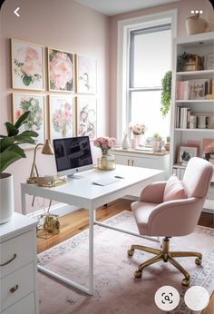 a home office with pink walls and white furniture