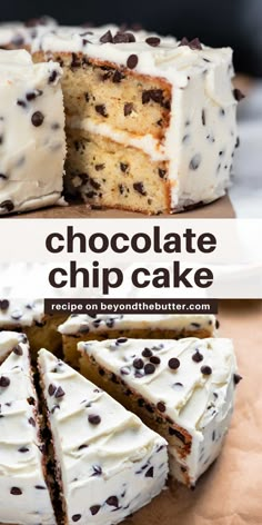 a chocolate chip cake with white frosting and chocolate chips on top, cut into slices