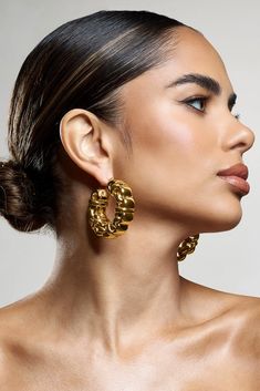 Orli | Gold Chunky Chain Hoop Earrings Chain Hoop Earrings, Club L London, Pregnant Wedding, Sleek Bun, Platform Heels Boots, Wedding Shoes Bride, Black Tie Gala, Drop Design, Maxi Dress Prom