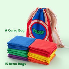 a bag with five different colored bags next to it and the words today written in green