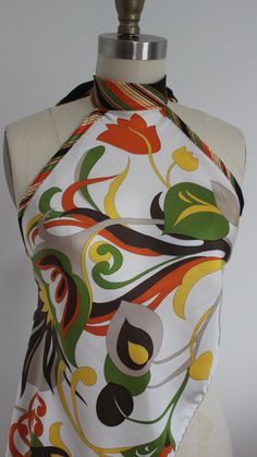 Asymmetrical scarf top design. Fabric content unknown however we recommend to treat it like silk . Lightweight halter top adjustable at neck and back. Fits small through XL. Length from top middle of neck to center of hem: 22" Upcycle Scarf, Reworked Top, Reworked Vintage, Scarf Top, Design Fabric, Top Design, Vintage Tops, Sales Gifts, Halter Top