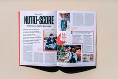 an open magazine with pictures of people on it's pages and the words nutti - score written in red