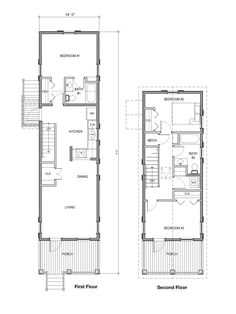 two story house plans with the first floor and second floor on each side, one bedroom is