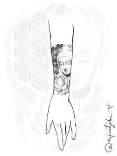 a drawing of a woman's arm and hand with the flower of life in the background