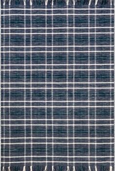 a blue and white plaid rug with fringes