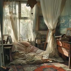 an old fashioned bedroom with lots of curtains