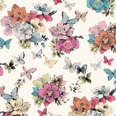 an image of a wall with flowers and butterflies on it's back side in pastel colors