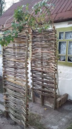 two wooden structures made out of sticks and branches with leaves growing on them, in front of a building