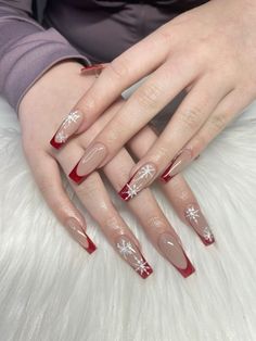 red winter nails, snowflake nails, red french tips, winter nail inspiration, christmas nail inspo Winter Nails Red Snowflake, Red Snow Flakes Nails, Winter Red Nails Design, Red French Tip Nails Snowflake, Christmas Nail Inspo Coffin, Coffin Xmas Nails, Christmas Nails Red With Snowflake, Nails Snowflakes Winter, Christmas Nails Acrylic Coffin Medium