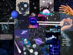 a collage of images with space and stars in the background, including hands reaching for planets