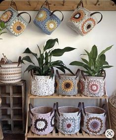 several crocheted baskets hanging on a wall with plants in them and two plant holders