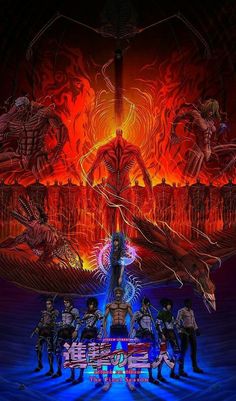 an image of a group of people standing in front of a giant fire and demon