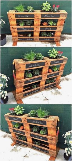 three different pictures of wooden planters with plants growing out of the top and bottom