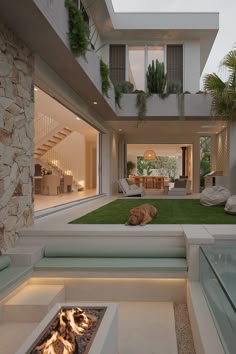 a dog is laying on the grass in front of a modern house with an open floor plan