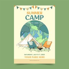 a poster for a camp with chairs and a tent in the background free pst file