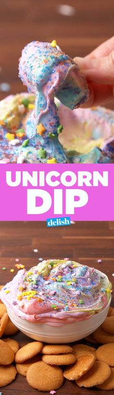 the unicorn dip is made with sprinkles and cookies