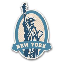 new york sticker with the statue of liberty holding a book in it's hand